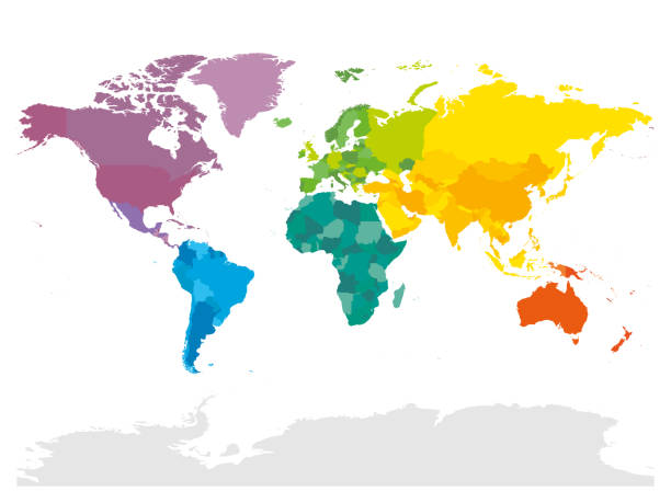 Colorful political map of World Colorful political map of World. Different colour shade of each continent. Blank map without labels. Simple flat vector map. political joke stock illustrations