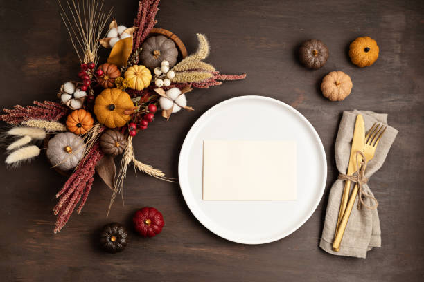 istock Rustic menu mockup with plate and autumn table decoration. Floral interior decor for fall holidays 1346978151