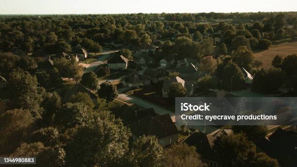 Summer At Dusk Aerial Neighborhoods In Midwestern Subdivisions Homes And Communities From Above Photo Series Stock Photo - Download Image Now
