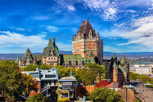 Panoramic view of Frontenac Castle (Fairmont Le Chateau Frontenac) in Old Quebec City, Canada
