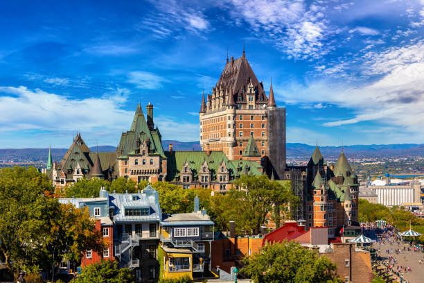Frontenac Castle in Quebec City Panoramic view of Frontenac Castle (Fairmont Le Chateau Frontenac) in Old Quebec City, Canada chateau frontenac hotel stock pictures, royalty-free photos & images