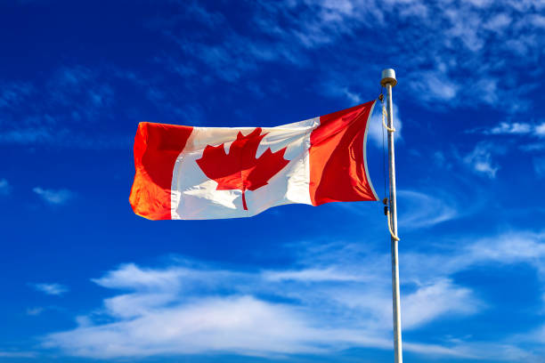 bandera canadiense contra el cielo azul - canada canada day canadian flag canadian culture fotografías e imágenes de stock