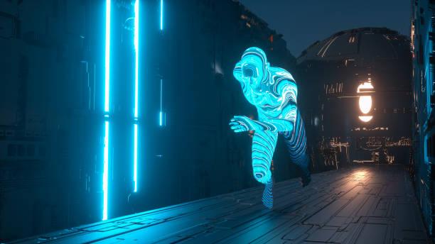 istock Colorful and glowing robot running on futuristic bridge . Artificial intelligence and technology concept . This is a 3d render illustration . 1347001083