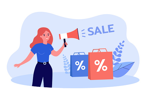 Business person advertising sale in online store. Woman holding megaphone flat vector illustration. Announcment of discounts, shopping promotion concept for banner, website design or landing web page