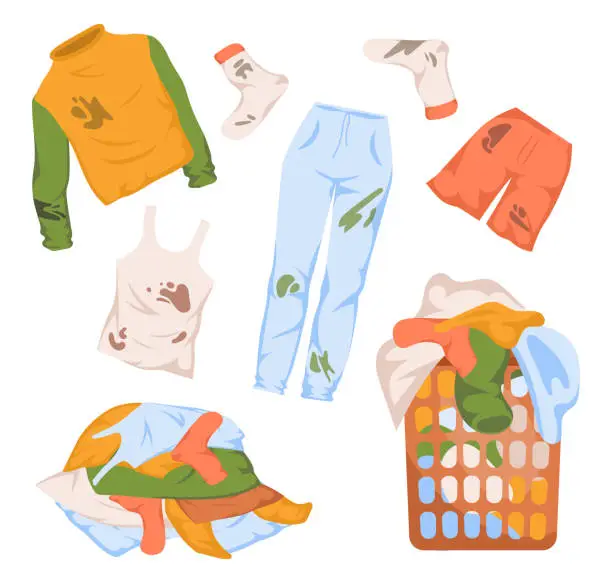 Vector illustration of Piles of clean and dirty clothes vector illustration set