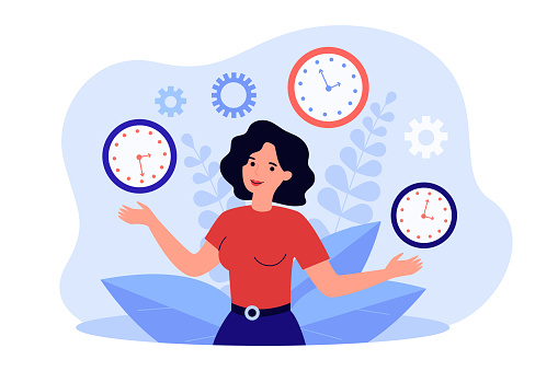 Businesswoman standing with clocks. Woman working in different time zones flat vector illustration. World business, global international time concept for banner, website design or landing web page