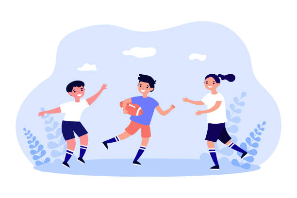 ilustrações de stock, clip art, desenhos animados e ícones de team of kids playing rugby or american football - rugby cartoon team sport rugby field