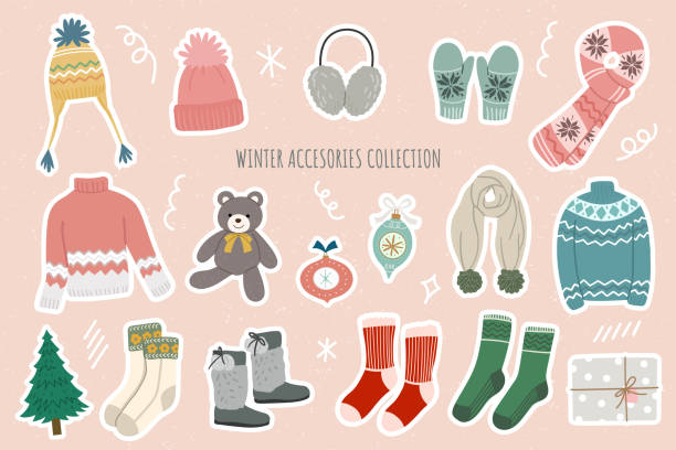 winter accessories illustration collection. seasonal fashion items vector illustration. winter accessories illustration collection. seasonal fashion items vector illustration. winter fashion collection stock illustrations