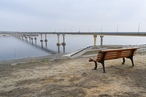 Volgograd, Russia - May 30, 2021: Volgograd bridge across the Volga River, one of the largest transport infrastructure facilities of Russian significance. The \