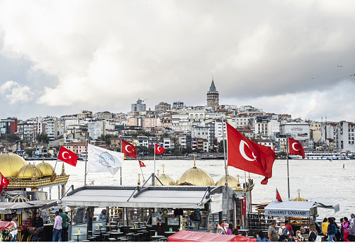June 16, 2021, Turkey, Istanbul, Istanbul embankment overlooking the Galata Tower.