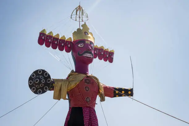 Side angle shot of statue of Ravan during Dussehra festival in India