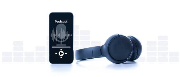 istock Podcast background. Mobile smartphone screen with podcast application, sound headphones. Audio voice with radio microphone on white. Recording studio or podcasting banner with copy space. 1347011503