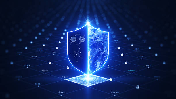 istock Data protection is a concept in cybersecurity and privacy technologies. There is a shield in the middle. The small padlock serves as the connection point between the polygons. dark blue background 1347011576