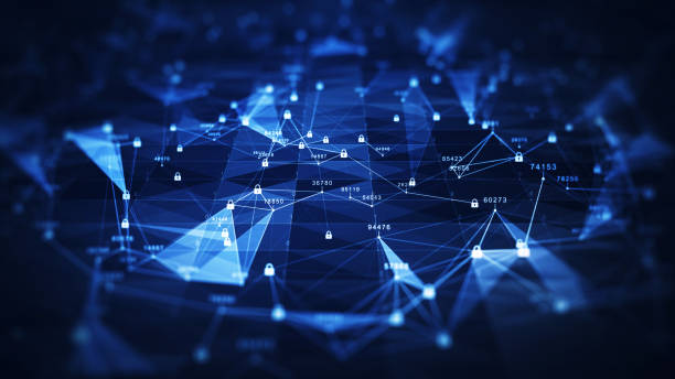 istock Data protection background is a concept in cybersecurity and privacy technology. A small padlock binary polygon that acts as a connection. with dark blue background. 1347011586