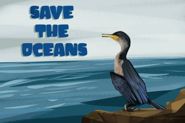 Vector illustration of Cormorant advises: save the Oceans!