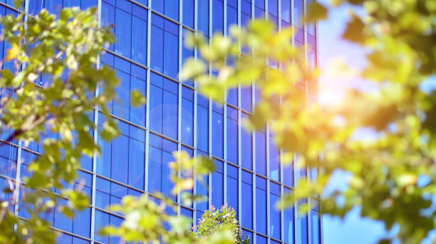 istock Reflection of modern commercial building on glass with sunlight. Eco architecture. 1347015020