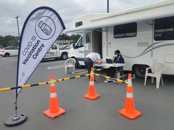 Vaccination centre in a motorhome. Papamoa, New Zealand. 17/10/2021 stock photo