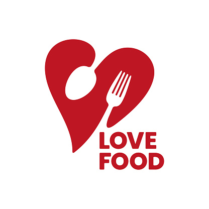 Love Food symbol template. Abstract fork and spoon in a heart shape. One color stock vector emblem.