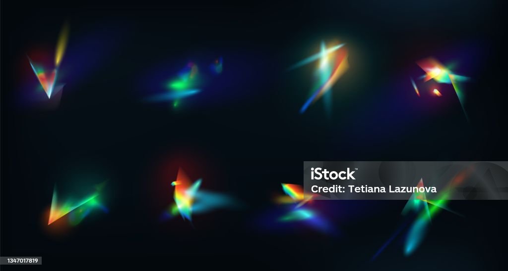 Kristall Regenbogen Lichter Effekt Flare Reflexion Von Prisma Oder Diamant 3d Edelstein Glänzend Schillernde Blendung Linse Bunte Brechung Vektor Set Stock Vektor Art und mehr Bilder von Prisma