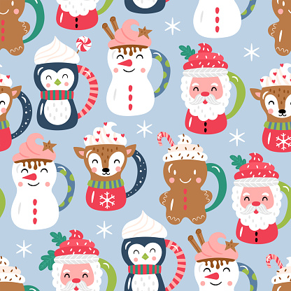 Seamless pattern for Christmas holiday with cute cocoa chocolate cup. Childish print for wrapping paper, wallpaper and background