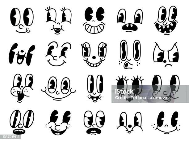レトロ30年代漫画のマスコットキャラクター面白い顔50年代60年代の古いアニメーションの目と口の要素ロゴベクトルセットのためのヴィンテージコミック笑顔 - マンガのベクターアート素材や画像を多数ご用意