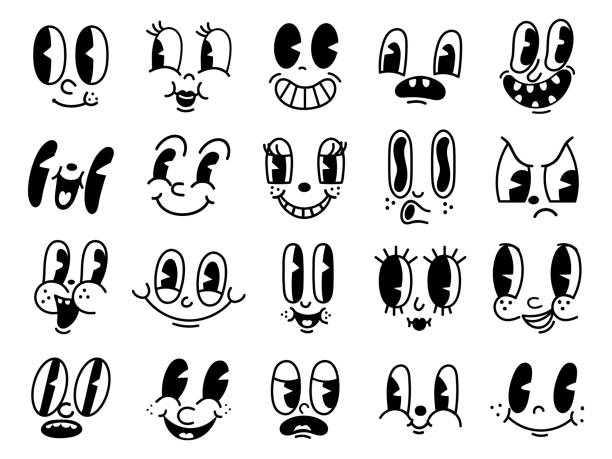 Retro 30s cartoon mascot characters funny faces. 50s, 60s old animation eyes and mouths elements. Vintage comic smile for logo vector set Retro 30s cartoon mascot characters funny faces. 50s, 60s old animation eyes and mouths elements. Vintage comic smile for logo vector set. Smiley caricatures with happy and cheerful emotions anthropomorphic face illustrations stock illustrations