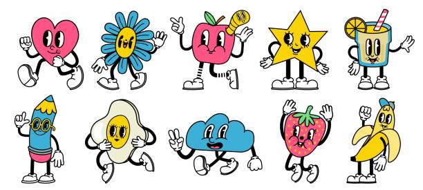 Trendy abstract cartoon characters in retro animation style. Bright comic heart, star, apple and pencil mascots with funny faces vector set Trendy abstract cartoon. Bright comic heart, star, apple and pencil mascots with funny faces vector set. Running, jumping and walking characters with happy, cheerful facial expressions anthropomorphic smiley face illustrations stock illustrations