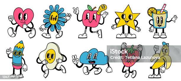 Trendy Abstract Cartoon Characters In Retro Animation Style Bright Comic Heart Star Apple And Pencil Mascots With Funny Faces Vector Set Stock Illustration - Download Image Now