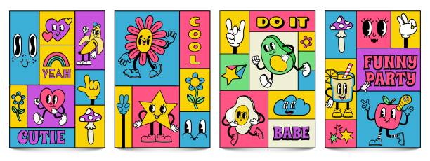 Mosaic trendy posters with funny crazy cartoon characters. Complementary doodle covers with retro comic faces and hands in gloves vector set Mosaic trendy posters with funny crazy cartoon characters. Complementary doodle covers with retro comic faces and hands in gloves vector set. Retro flowers, stars and lemonade with facial expressions cartoon of a shapes stock illustrations