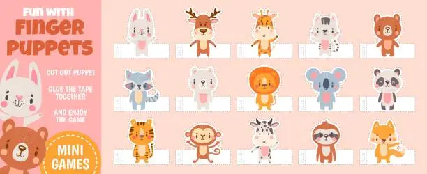 Vector illustration of Finger puppets forest animals for paper cut kids activities. Home theater with handmade cartoon toys. Children craft education vector page