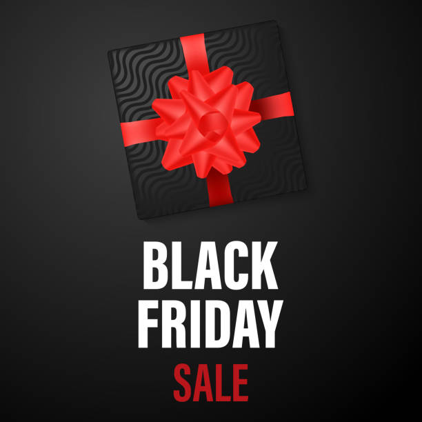 istock Super Sale on Black Friday. Realistic black gift box. A pattern with a gift box with a red bow. 1347020479