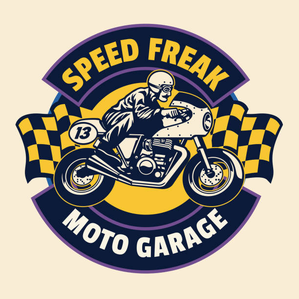 illustrazioni stock, clip art, cartoni animati e icone di tendenza di speed freak vintage moto garage badge - piston sports race engine gear