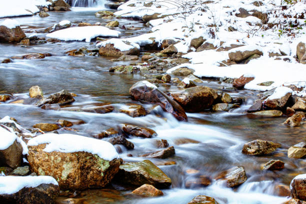 Mountain stream on winter flowing among stones . Rocks covered by snow in the river water