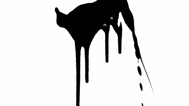 istock Thin trickles of spilled paint trickle down the white background. Isolated black ink drips onto white paper and forms flow and streams. Spilled paint close up. Slow motion ready 59.94fps 1347027848