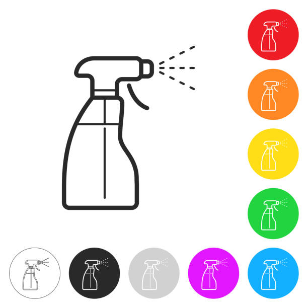 Cleaning spray bottle. Flat icons on buttons in different colors Icon of "Cleaning spray bottle" isolated on white background. Includes 9 buttons with a flat design style for your design, in different colors (red, orange, yellow, green, blue, purple, gray, black, white, line art), each icon is separated on its own layer. Vector Illustration (EPS10, well layered and grouped). Easy to edit, manipulate, resize or colorize. Vector and Jpeg file of different sizes. spray bottle stock illustrations