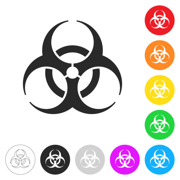 Biological hazard symbol. Flat icons on buttons in different colors Icon of "Biological hazard symbol" isolated on white background. Includes 9 buttons with a flat design style for your design, in different colors (red, orange, yellow, green, blue, purple, gray, black, white, line art), each icon is separated on its own layer. Vector Illustration (EPS10, well layered and grouped). Easy to edit, manipulate, resize or colorize. Vector and Jpeg file of different sizes. biological warfare stock illustrations