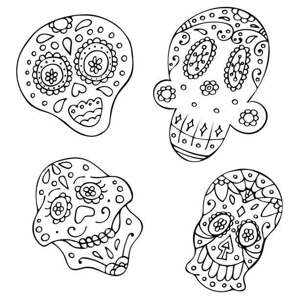 zestaw czarno-białej tradycyjnej meksykańskiej czaszki rysowanej ręcznie. - mexico mexican culture carnival paper stock illustrations