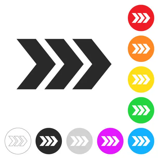 Vector illustration of Triple chevrons pointing right. Flat icons on buttons in different colors