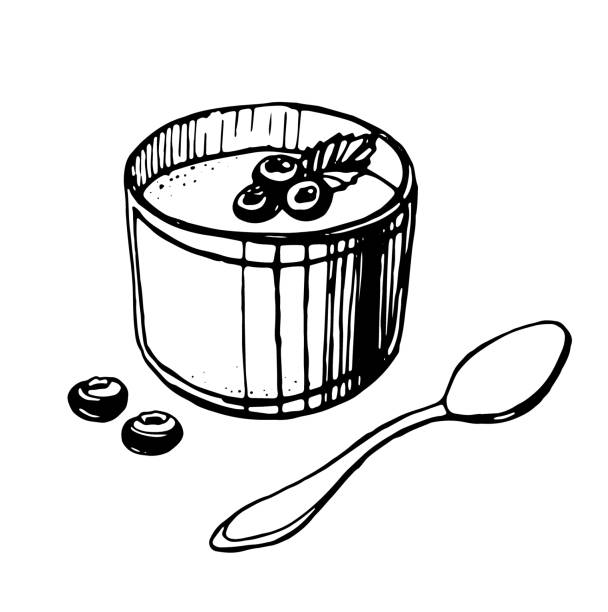 ilustraciones, imágenes clip art, dibujos animados e iconos de stock de cupcake, postre con crema, fresas, arándanos, cuchara. líneas negras sobre fondo transparente, aisladas. vector - muffin blueberry muffin blueberry isolated