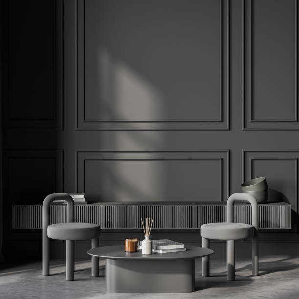 istock Dark living room interior with coffee table and two chairs 1347032585