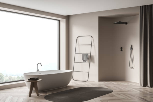 istock Corner view on bright bathroom interior with bathtub, shower 1347032589