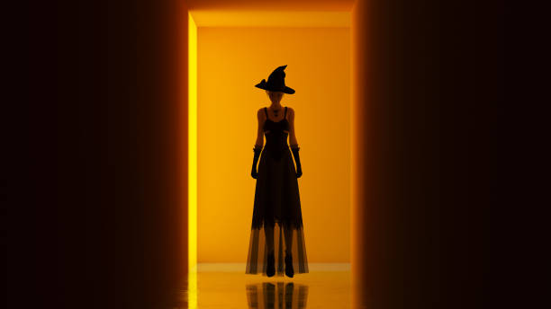 ハロウィーン魔女ロングドレス浮遊魔女クラフトポリッシュ床不気味な女性ホラーとオレンジの廊下にポイントハット