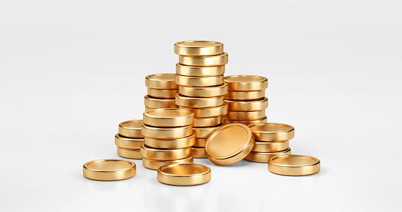 Front view of a group of stacks of golden coins arranged side by side in ascending height order isolated on a white background.