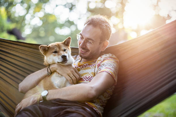 istock Man relaxing with his dog in the hammock 1347035748