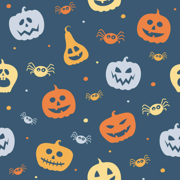 재미있는 호박 등불과 거미와 할로윈 패턴의 디자인. 벡터 - spider blue multi colored orange stock illustrations
