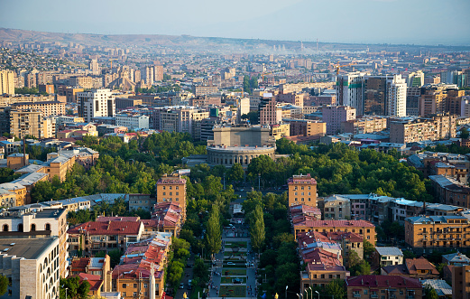 Tbilisi center city on bright sunny day aerial view
