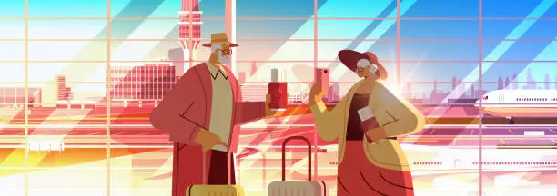 Vector illustration of senior couple of tourists using smartphones grandparents with luggage passports and tickets ready to boarding