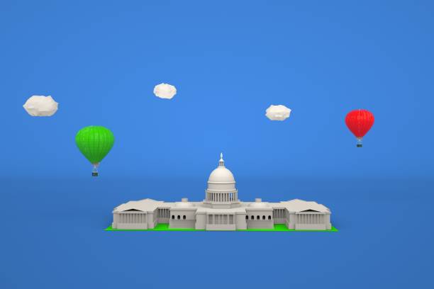 istock 3D white temple, palace on a blue isolated background. 3D graphical isometric model. Colorful balloons on the background. 3D graphics 1347037525
