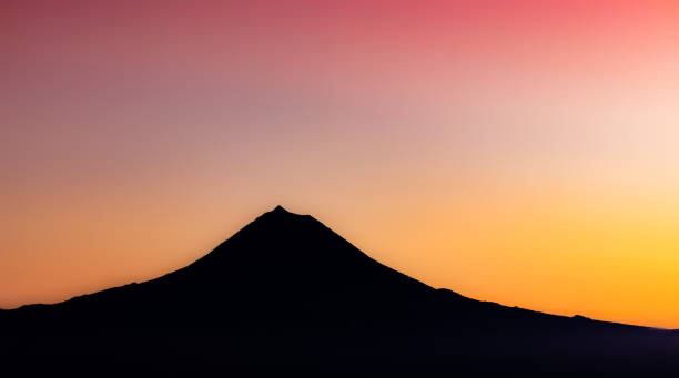 Amazing sunset, Azores islands travel destination, great view to Pico Mountain. stock photo