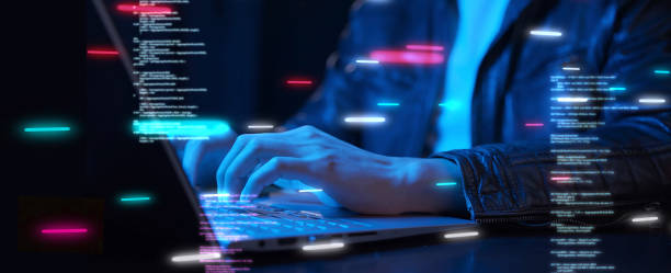 Business man using computer hand close up futuristic cyber space and decentralized finance coding background, business data analytics programming online network metaverse digital world technology